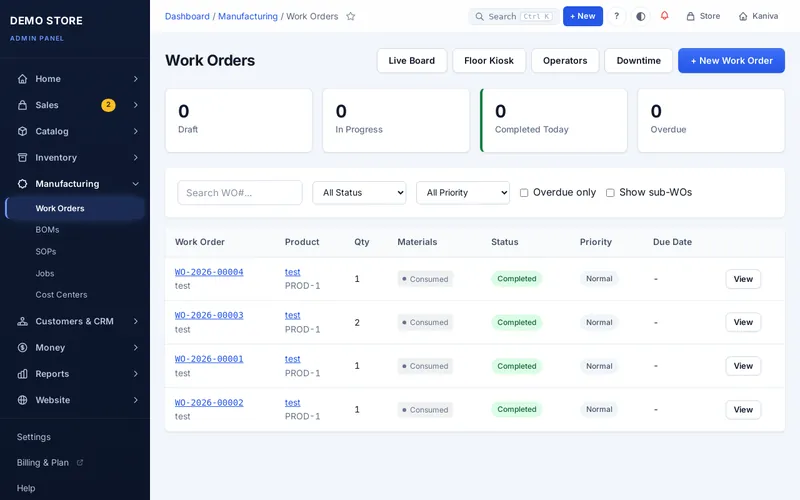 A work order with its bill of materials